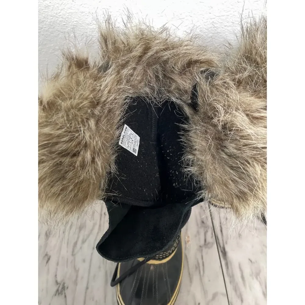 Sorel Joan of Arctic Boots Womens 7 Black Suede Faux Fur Waterproof Winter Snow